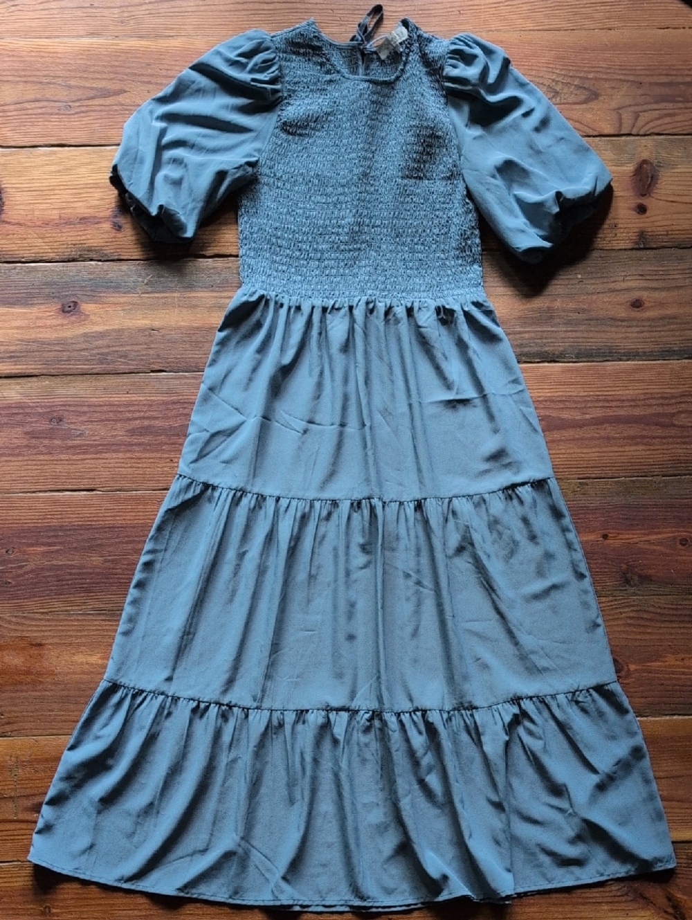 Wayf Dusty Blue Smocked Midi Dress with Puff Sleeves. Medium